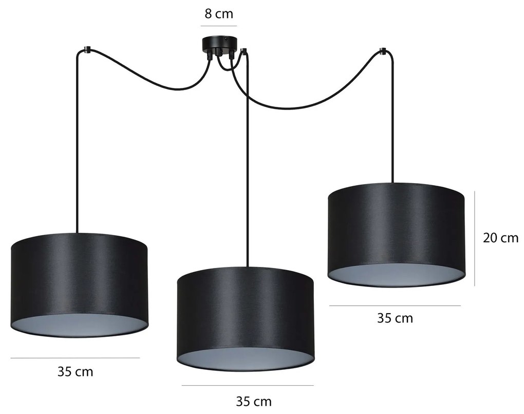 Sospensione 3 Luci Roto Con Paralumi A Cilindro In Tessuto Nero E Argento