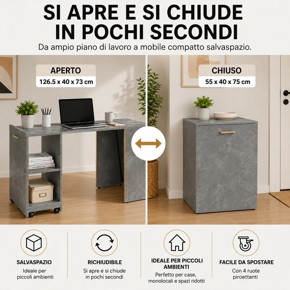 Mobile con Tavolo a Scomparsa Richiudibile Salvaspazio Scrivania con Libreria Grigio...