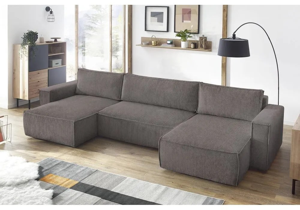 Divano letto angolare a "U" in velluto a coste grigio scuro Nihad - Bobochic Paris