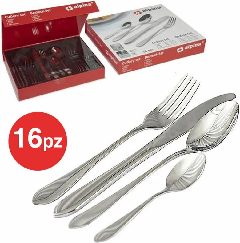Set Servizio 16 Posate 4 Persone in Acciaio Inox con Forchette Cucchiai Coltelli