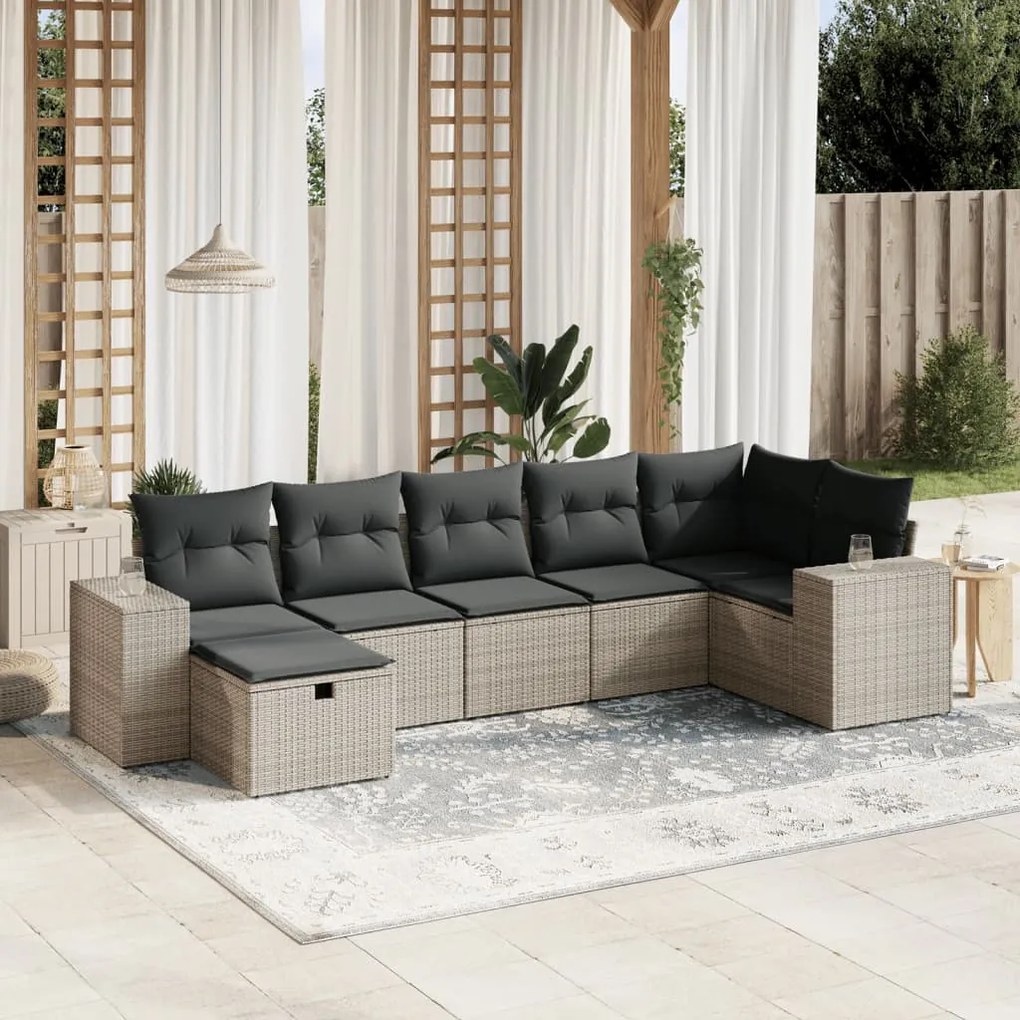 Set divani da giardino 7 pz con cuscini grigio in polyrattan