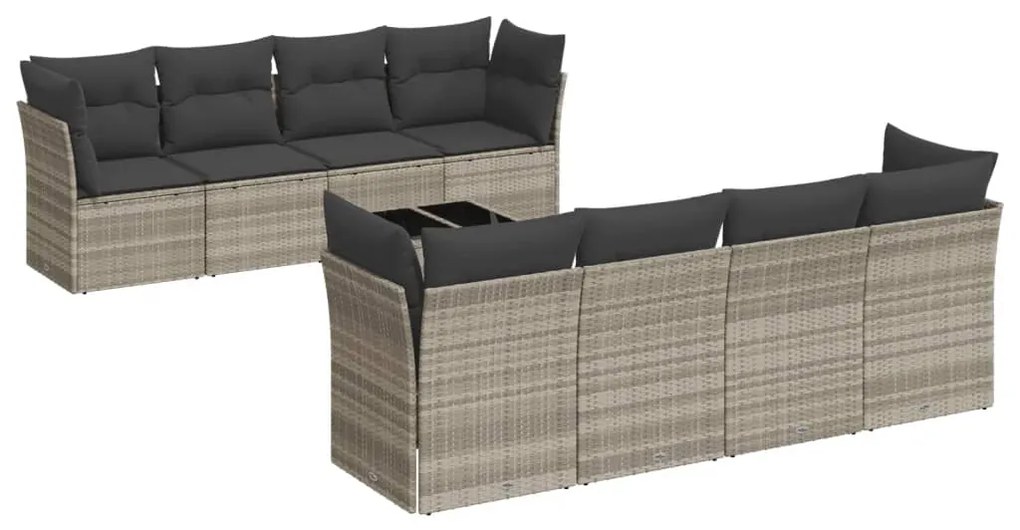 Set divano da giardino 9pz con cuscini grigio chiaro polyrattan