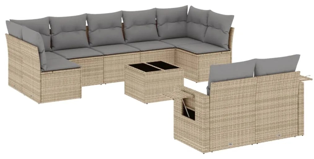 Set divano da giardino 10 pz con cuscini beige in polyrattan