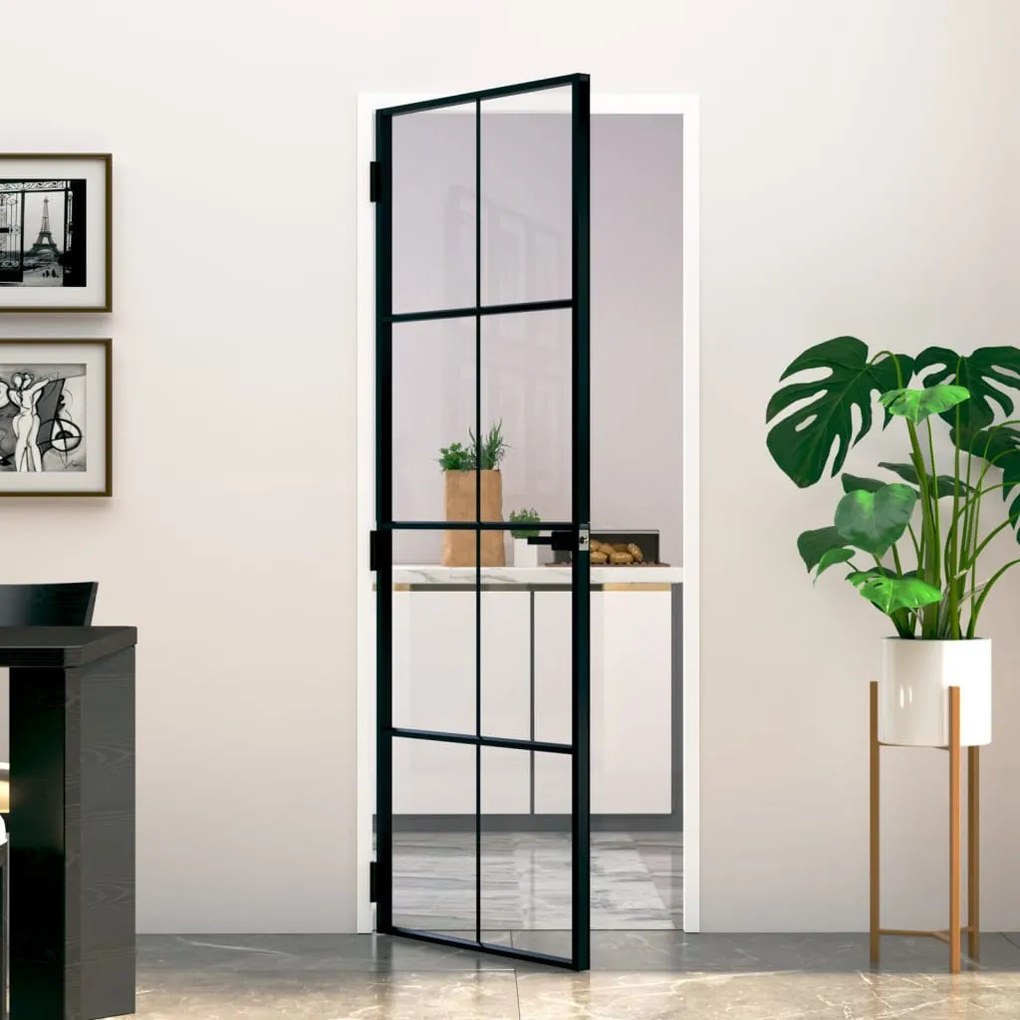 Porta Interna Nera 76x201,5cm Vetro Temperato Alluminio Sottile /