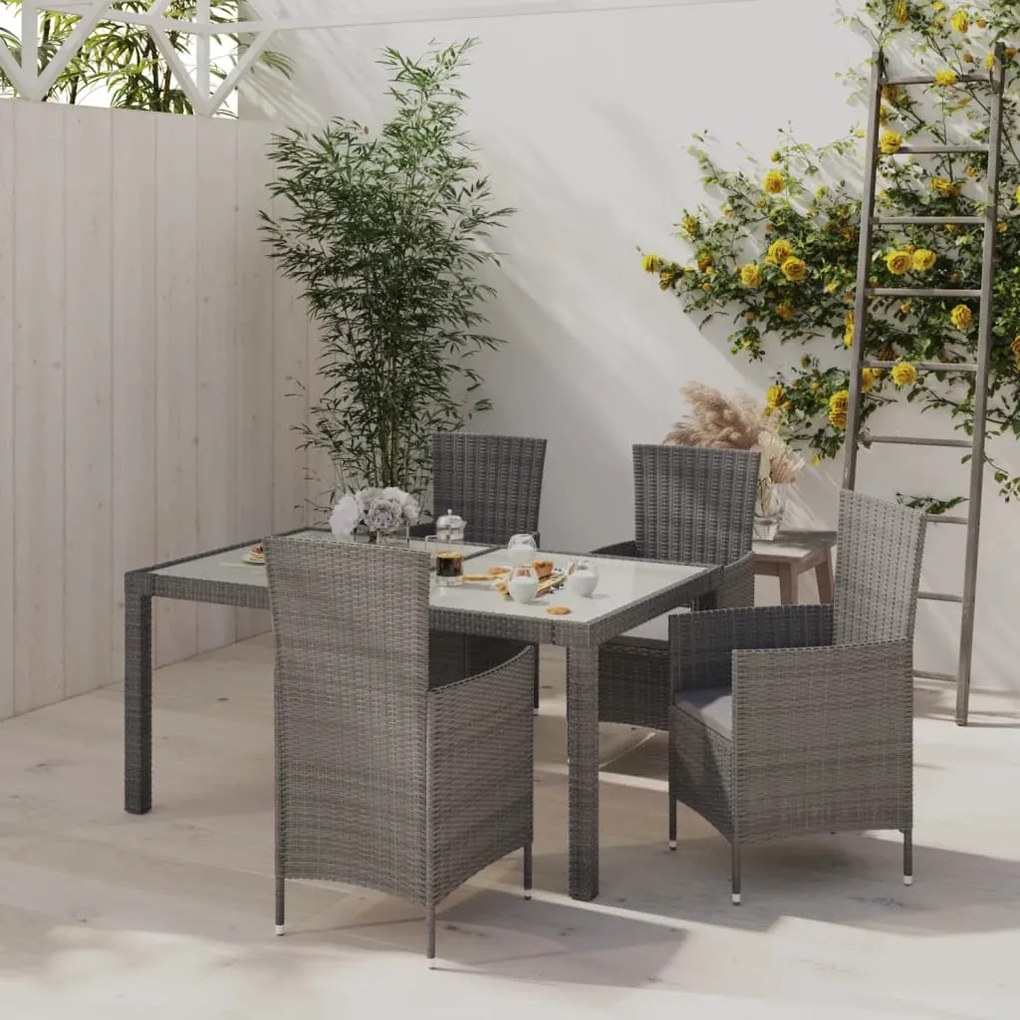 Set da pranzo da esterno 5 pz con cuscini in polyrattan grigio