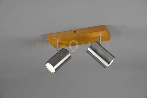 Marley barra 2 spots cilindri acciaio base legno naturale l. 26cm 2...