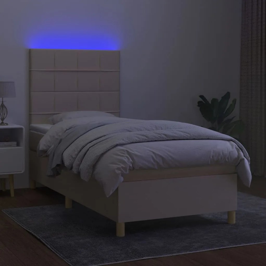 Letto a molle con materasso e led crema 80x200 cm in tessuto