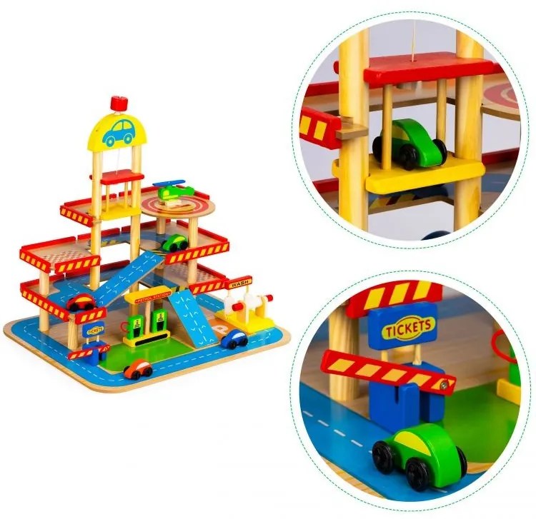 Ampio garage in legno con macchinine per bambini