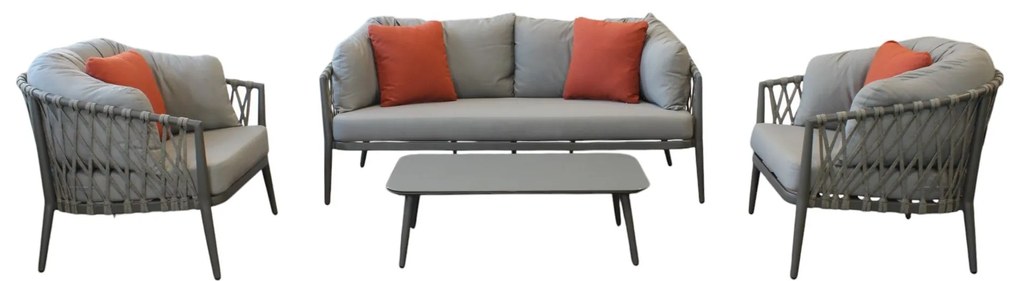 BACHATA - salotto con struttura in alluminio verniciato taupe o bianca, rivestimento in corda in pvc
