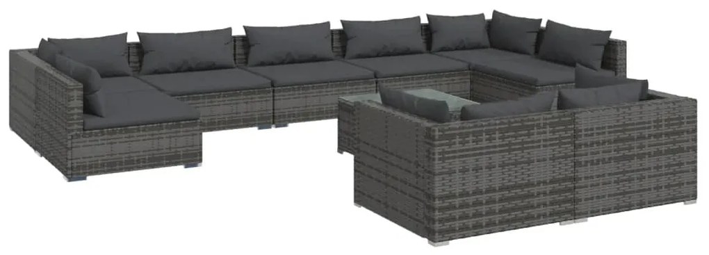 Set Divani da Giardino 10 pz con Cuscini in Polyrattan Grigio