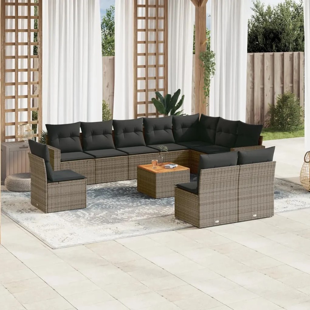 Set divani da giardino 11 pz con cuscini in polyrattan grigio