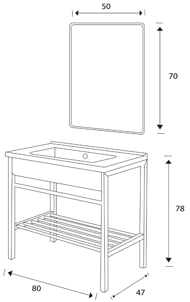 Mobile Bagno con Lavabo in Ceramica, Specchio e Sifone, Vano Portaoggetti, in Acciaio - 80 cm Nero