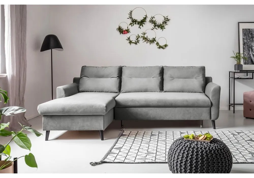 Divano letto angolare in velluto grigio chiaro, angolo sinistro Stylish Stan - Miuform