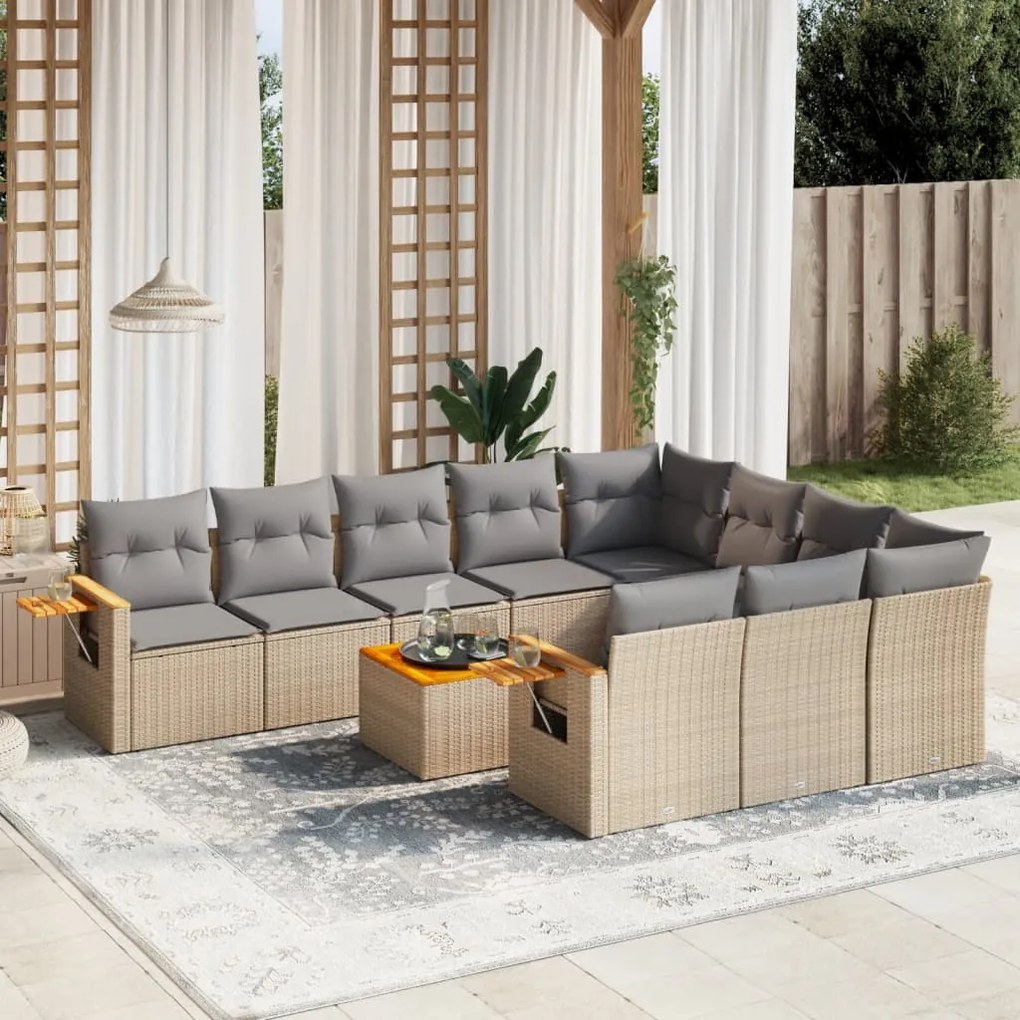 Set divani da giardino 11 pz con cuscini beige in polyrattan