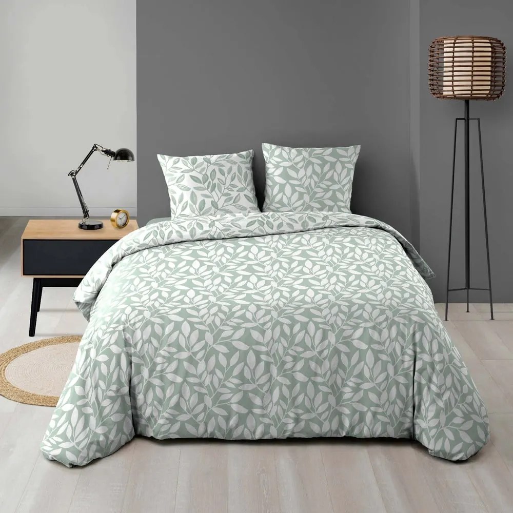 Set copripiumino e federa bianco/verde in microfibra per letto matrimoniale ed esteso 240x220 cm Sequoia – douceur d'intérieur