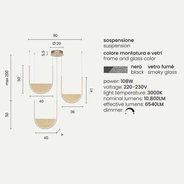 Lampada a sospensione LOTUS 3 Luci con inserto amovibile in vetro granigliato FUMÉ