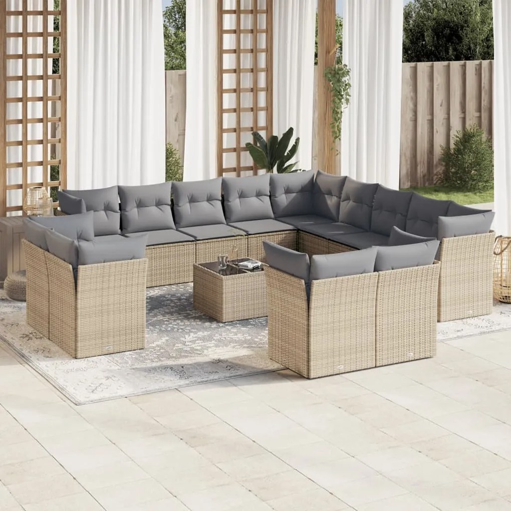 Set divani da giardino 14pz con cuscini in polyrattan beige