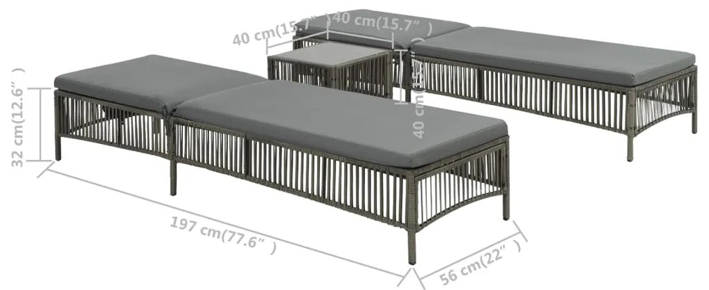 Lettini prendisole 2 pz con tavolino in polyrattan grigio