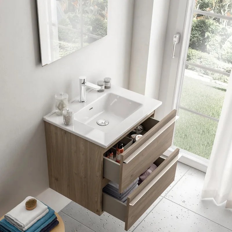 Mobile sottolavabo e lavabo Linea rovere cotto in truciolare L 60 x H 55 x P 46 cm 1 vasca 2 cassetti