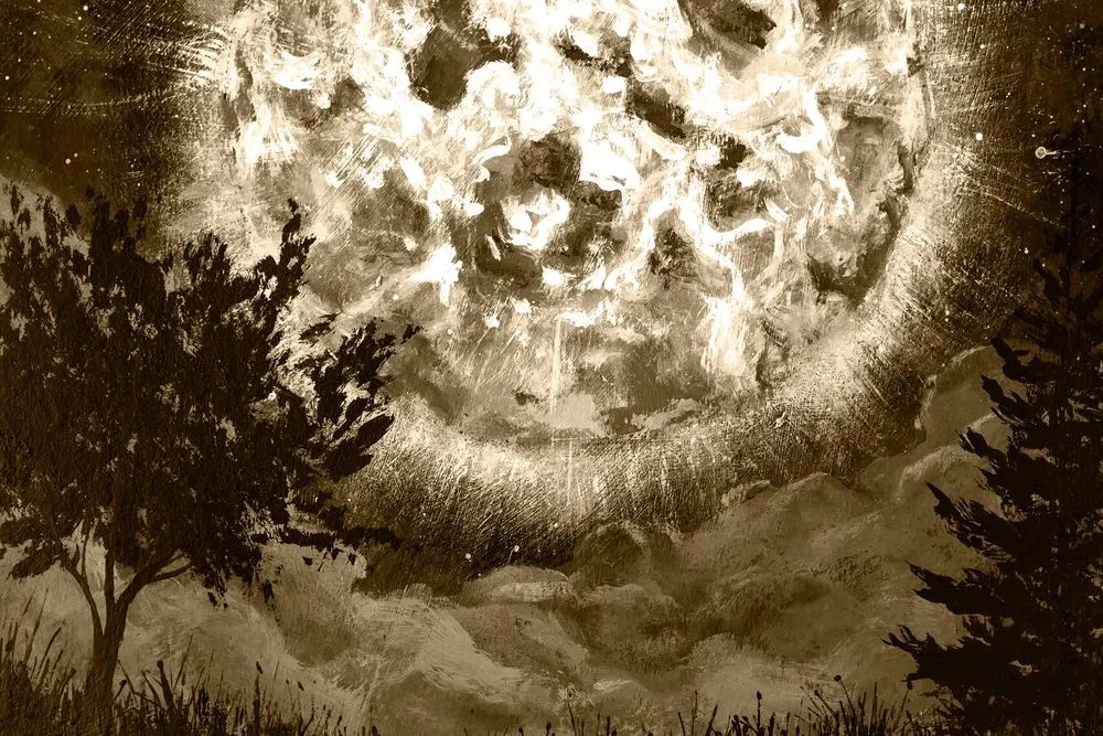 Stampa su tela – Luna luminosa nel cielo notturno in versione seppia