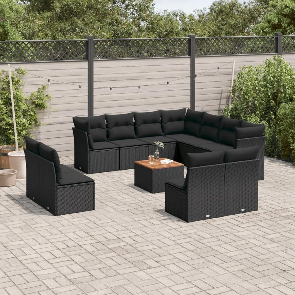 Set divani da giardino 12 pz con cuscini nero in polyrattan