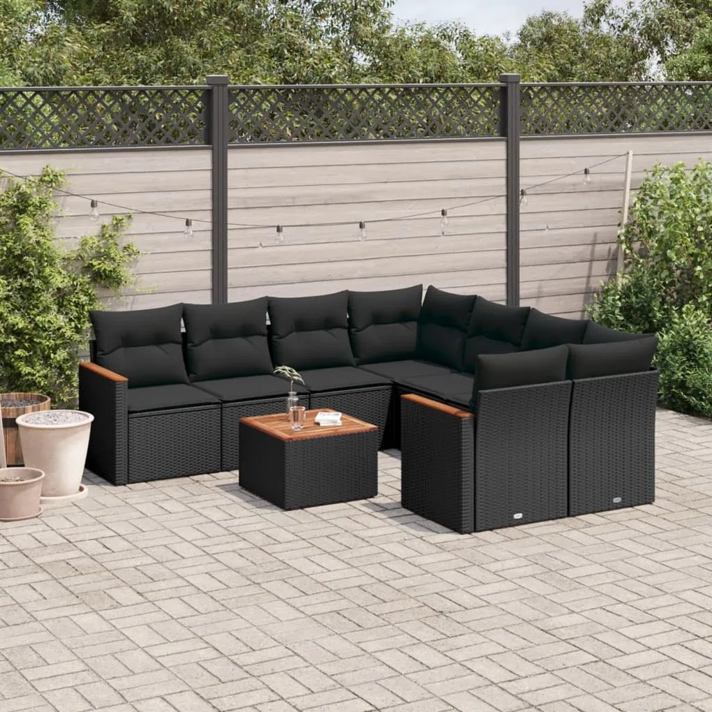 Set divani da giardino 9 pz con cuscini nero in polyrattan