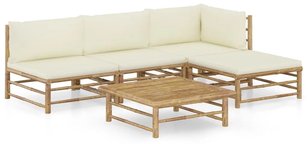 Set divani da giardino 6 pz con cuscini bianco crema in bambù