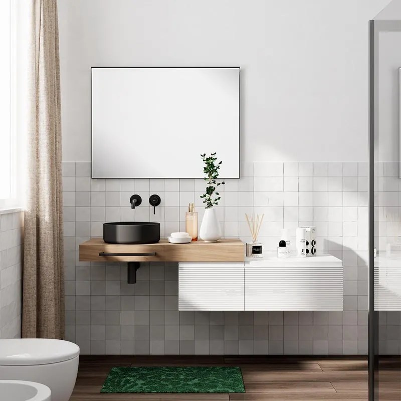 Mobile da bagno sospeso sotto lavabo Step L 100.3 x H 30 x P 46 cm bianco cannettato, 2 cassetti a destra il grande ,lavabo non incluso