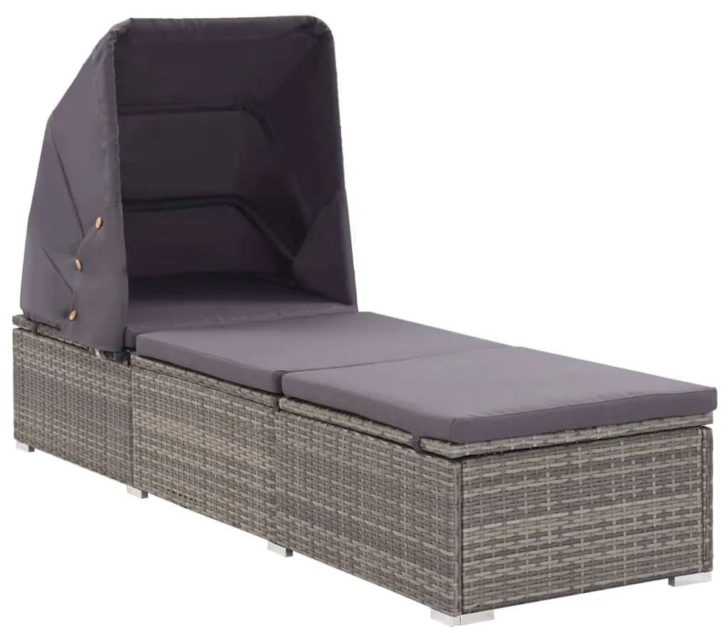 Lettino Prendisole Con Tettuccio E Cuscino İn Polyrattan Grigio /