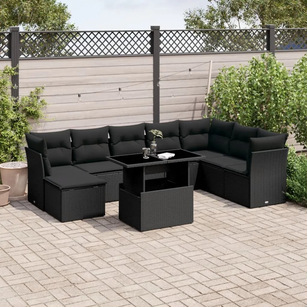 Set divani da giardino 9 pz con cuscini nero in polyrattan