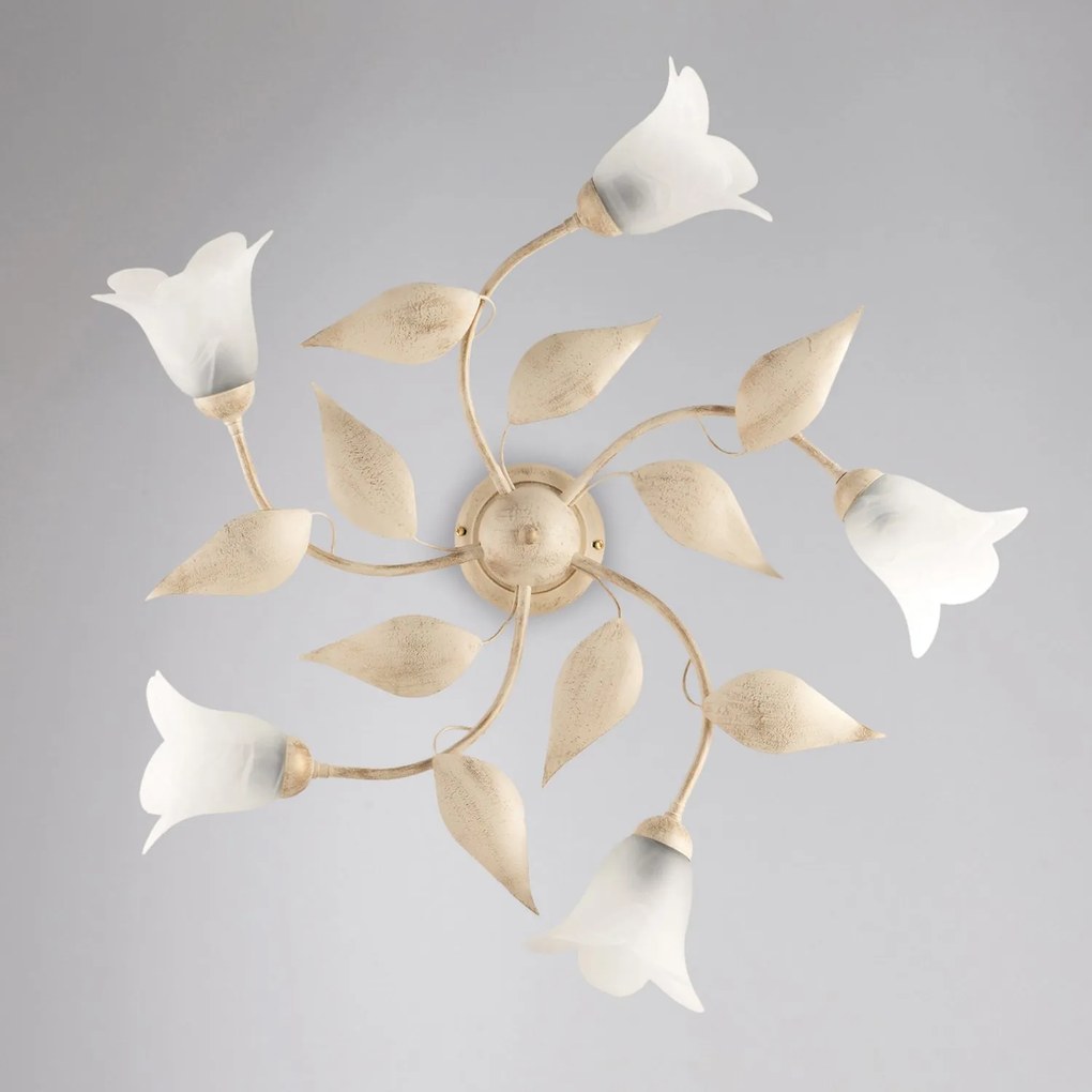 Plafoniera 5 Luci Olga Avorio e Oro Ferro Battuto Vetro BeLight