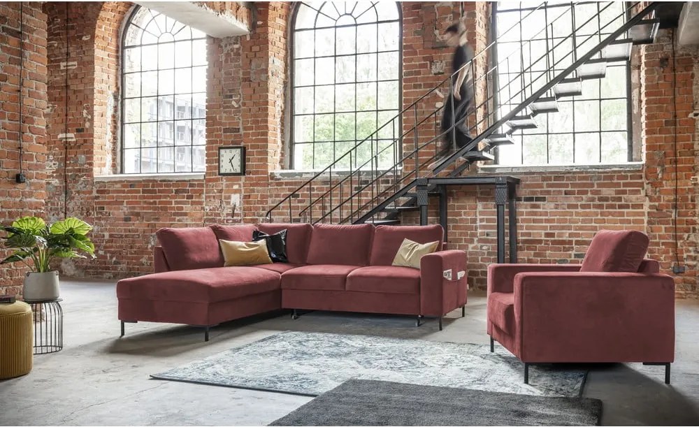 Divano letto angolare in velluto rosa (angolo sinistro) Lofty Lilly - Miuform