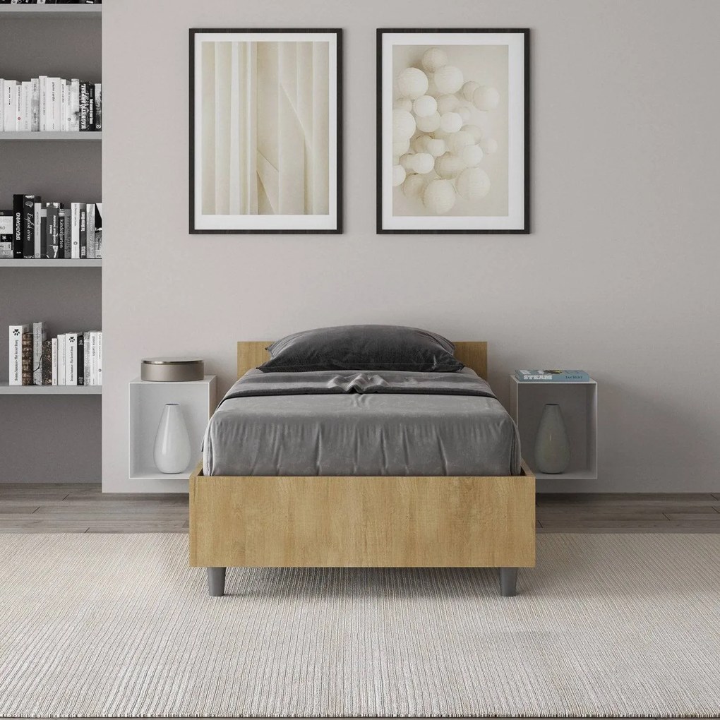 Letto Singolo 80x190 Nuamo con Rete Contenitore e Design Essenziale, Quercia / Con Rete