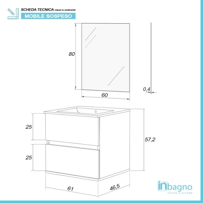Mobile bagno sospeso 60 cm Duble grigio industrial con lavabo e specchio