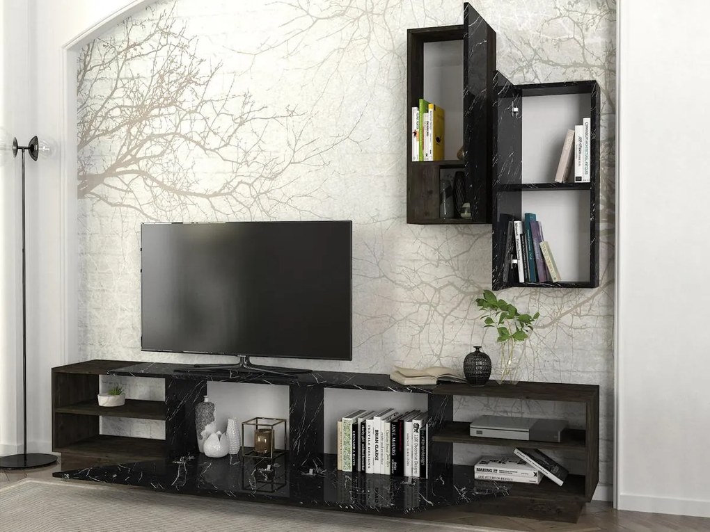 SALDI -  Set TV con scomparti Effetto marmo Nero e Naturale scuro - ZALTIA