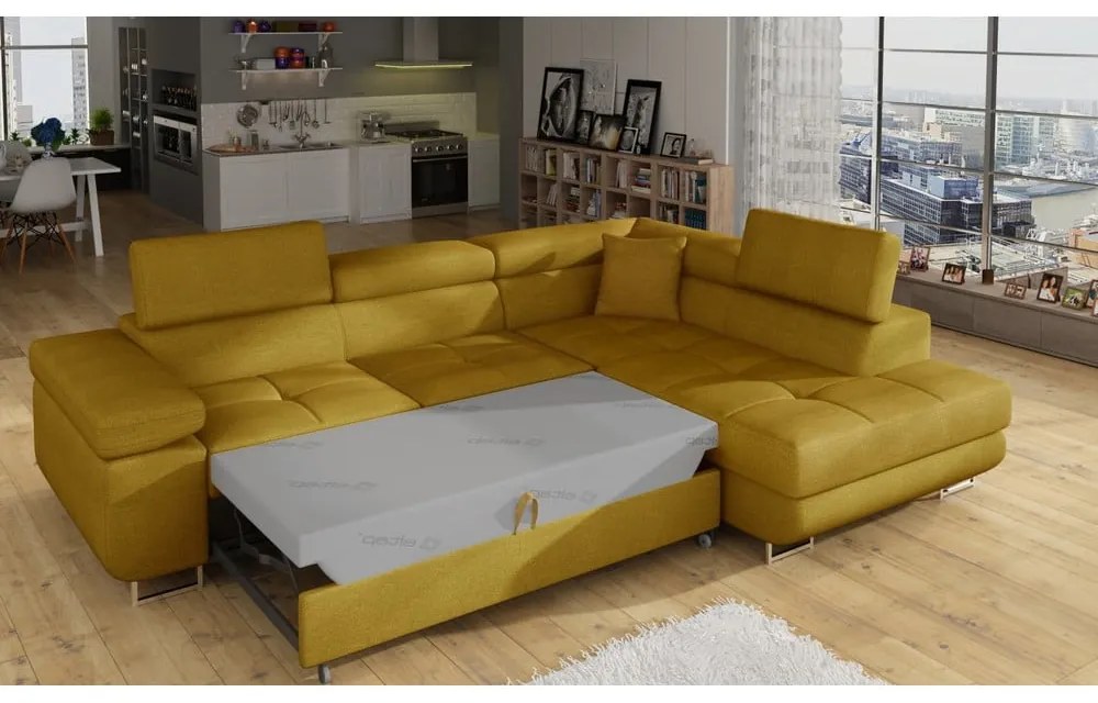 Divano angolare giallo allungabile/con contenitore (con penisola a destra/a L) Anton – ELTAP