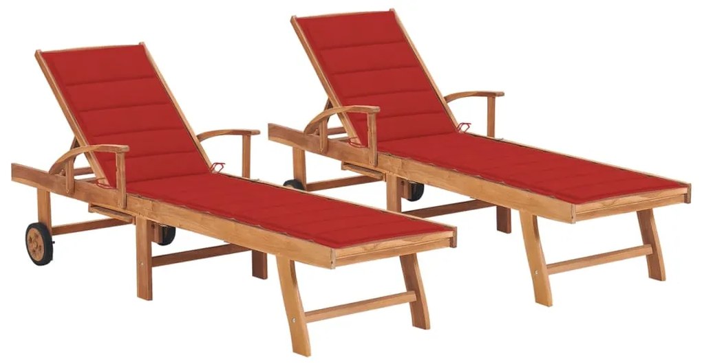 Lettini prendisole 2 pz cuscino rosso legno massello di teak