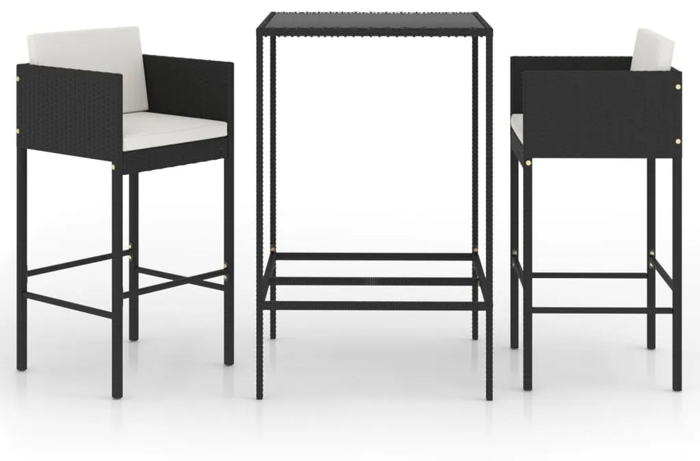 Set bar da giardino 3 pz con cuscini polyrattan nero