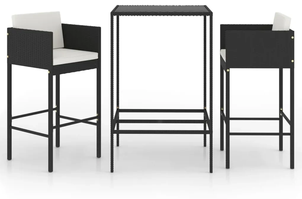 Set bar da giardino 3 pz con cuscini polyrattan nero