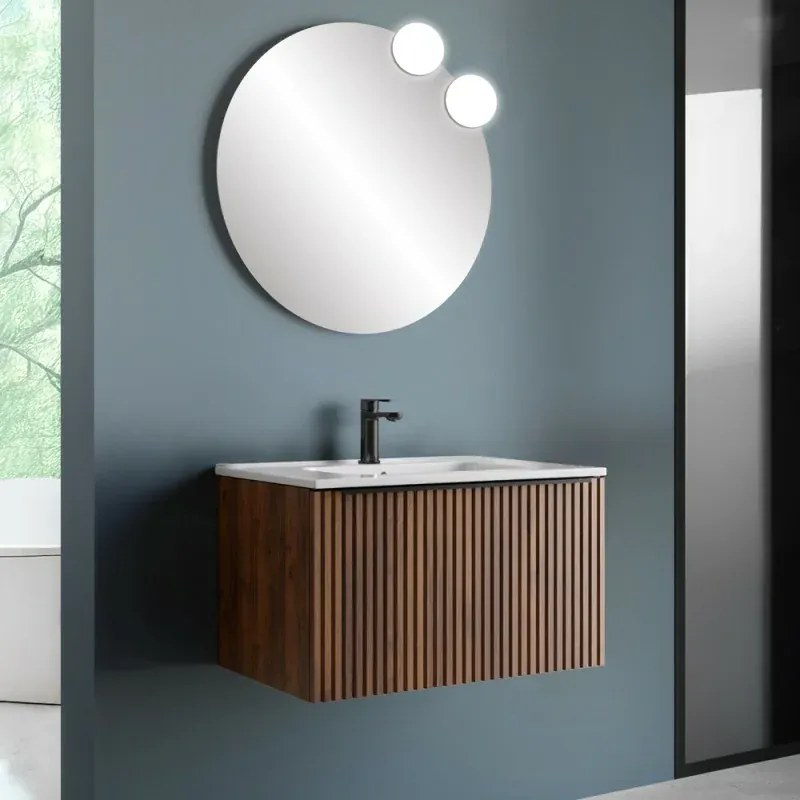 Mobile bagno sospeso 80 cm Noce Maya cannettato con cassetto, specchio e lavabo Nara