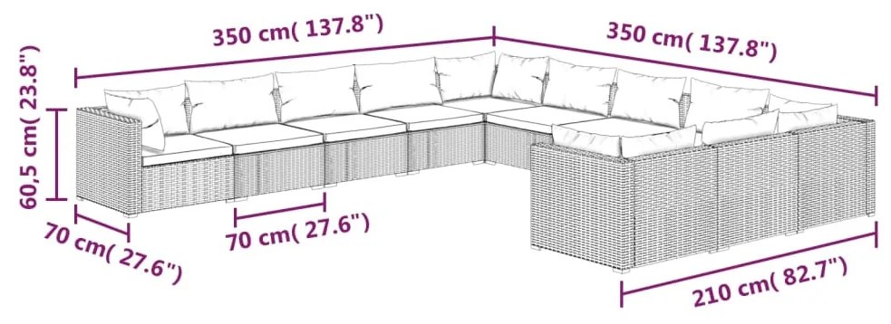 Set Divani da Giardino 11 pz con Cuscini in Polyrattan Grigio