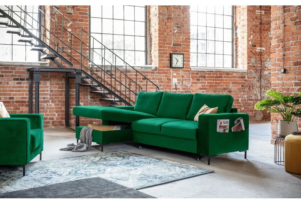 Divano letto angolare in velluto verde, angolo sinistro Lofty Lilly - Miuform