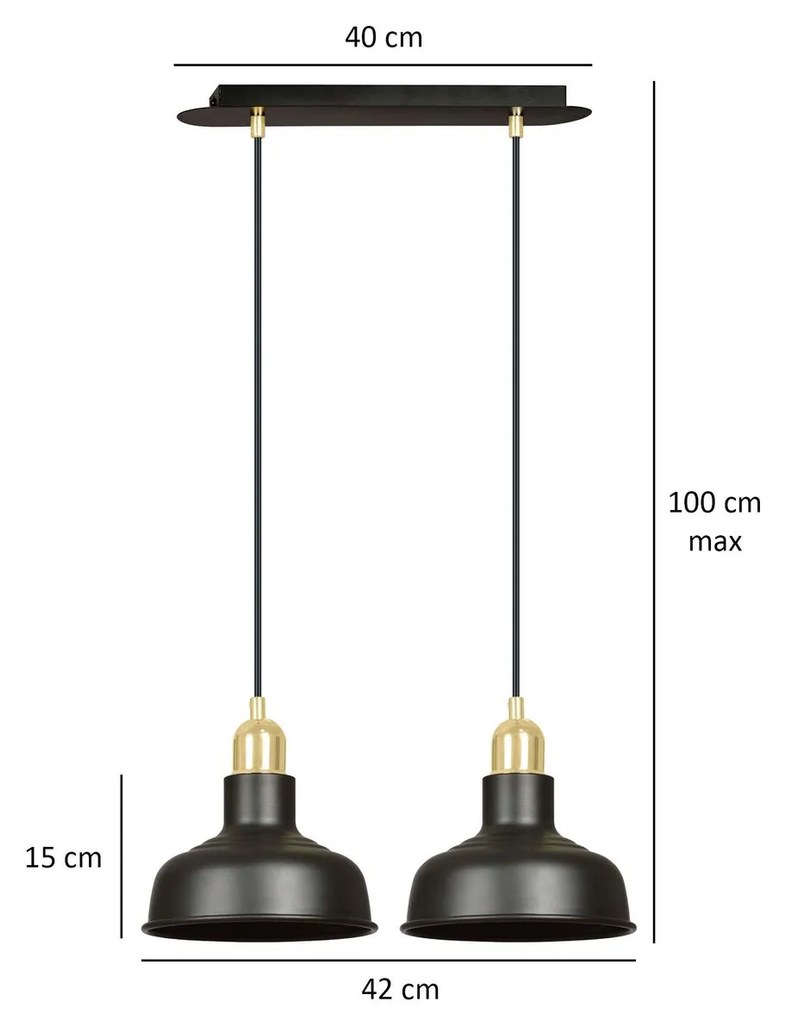 Lampadario Industrial 2 Luci Ibor In Acciaio Nero Con Elementi In Oro