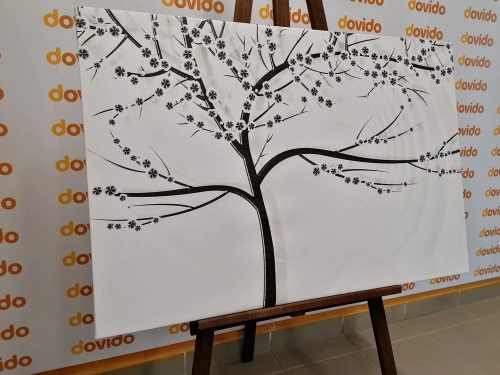 Stampa su tela – Albero moderno in bianco e nero su sfondo astratto