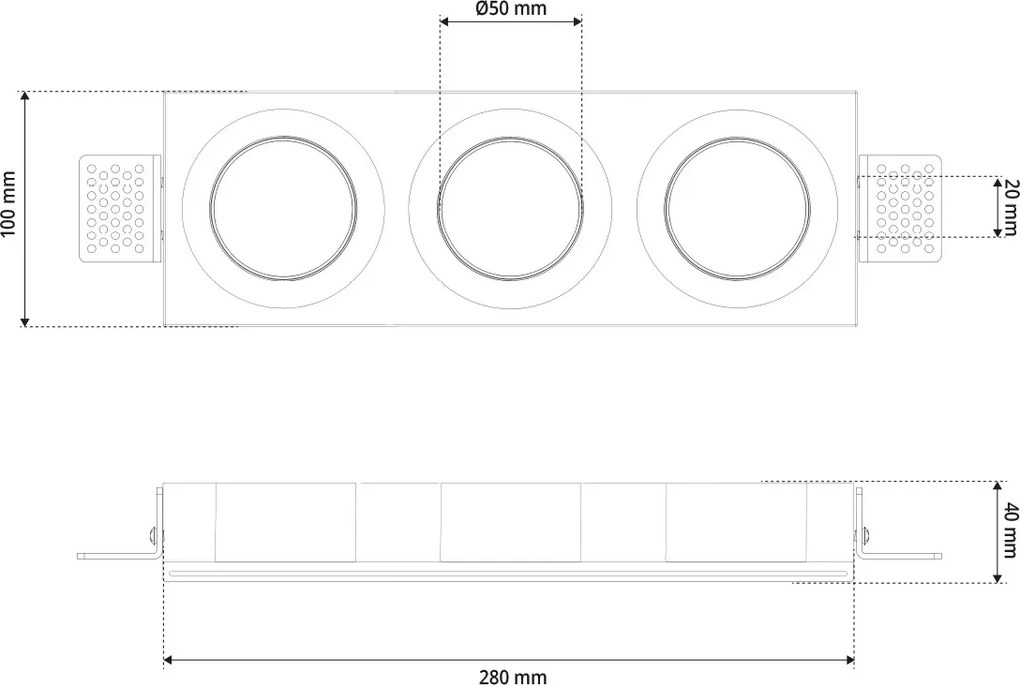 Portafaretto Rettangolare 280x100mm 3xGU10 in Gesso Pitturabile Curvo