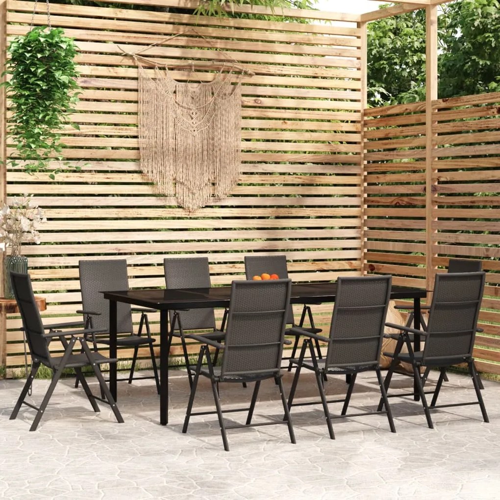 Set da pranzo per giardino 9 pz con cuscini nero