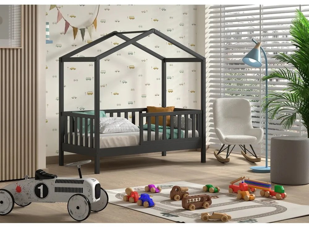 Letto da bambini a forma di casa color antracite in pino massiccio con rete inclusa 70x140 cm DALLAS – Vipack