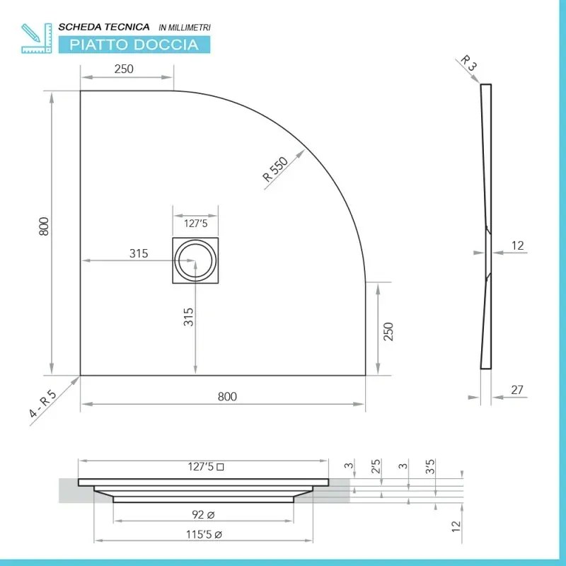 Piatto doccia semicircolare 80x80 bianco riducibile su misura Ten