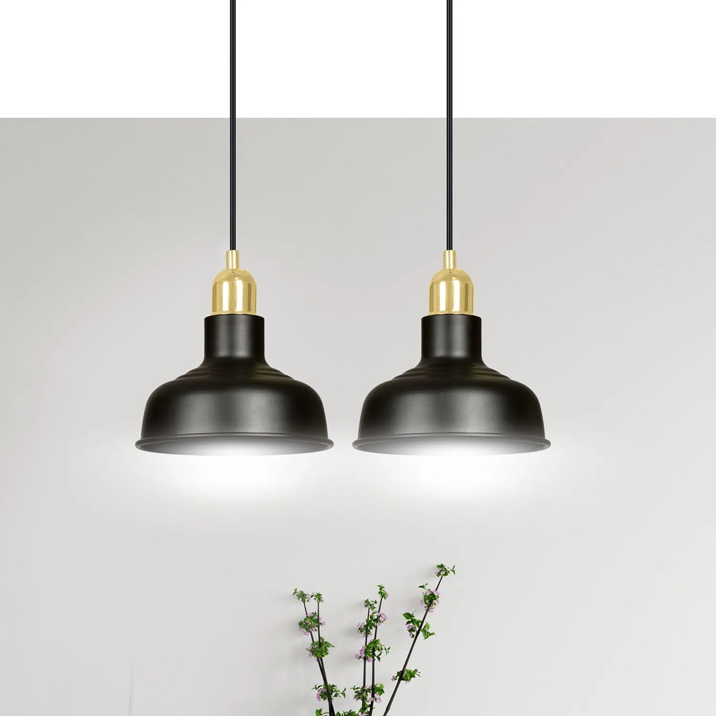 Lampadario Industrial 2 Luci Kubera In Acciaio Nero Con Elementi In Oro