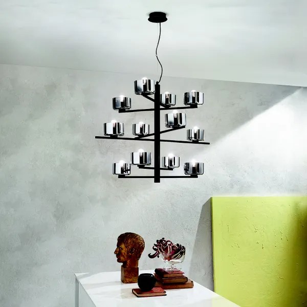 Lampada a sospensione FIGARO 94 cm a 12 luci in metallo con diffusori in vetro NERO